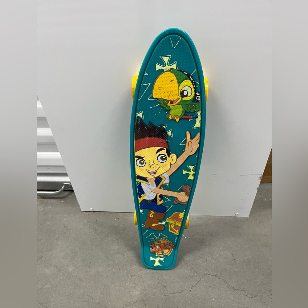 Vibrant Teal and Yellow Kids Skateboard with Cartoon Design